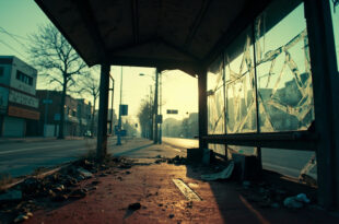 Empty damaged bus shelter with shattered glass and scattered personal items at urban intersection