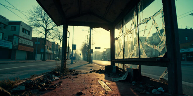 Empty damaged bus shelter with shattered glass and scattered personal items at urban intersection