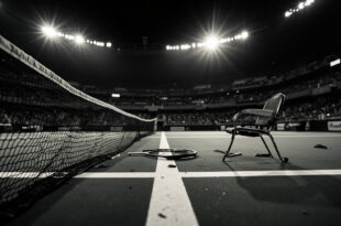 Empty professional tennis court with net, lines, and abandoned rackets under stadium lighting