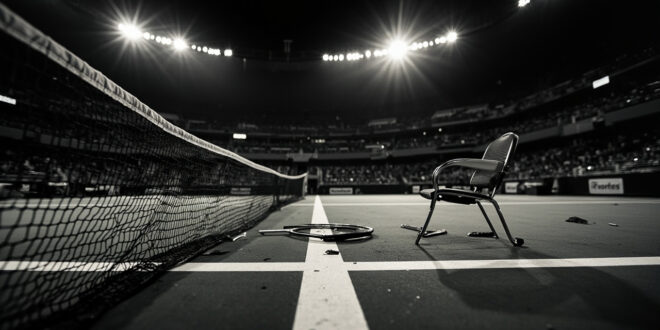 Empty professional tennis court with net, lines, and abandoned rackets under stadium lighting
