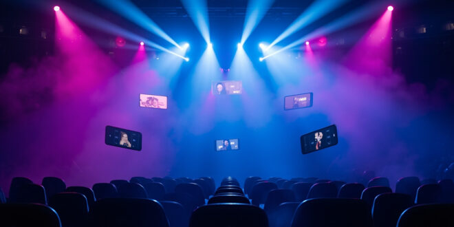 Two glowing smartphone screens displaying dating app interfaces on dark wooden surface with stadium lights blurred behind