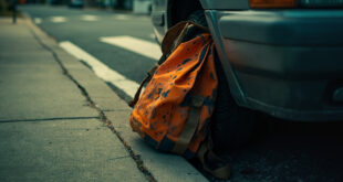School backpack wedged tightly between car tire and wheel well on empty sidewalk near crosswalk