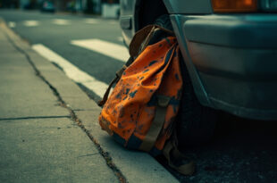School backpack wedged tightly between car tire and wheel well on empty sidewalk near crosswalk
