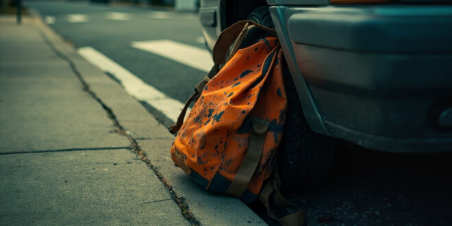 School backpack wedged tightly between car tire and wheel well on empty sidewalk near crosswalk