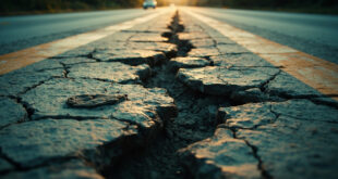 Cracked and pothole-filled asphalt road surface showing severe deterioration and poor maintenance