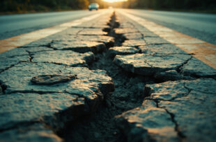 Cracked and pothole-filled asphalt road surface showing severe deterioration and poor maintenance