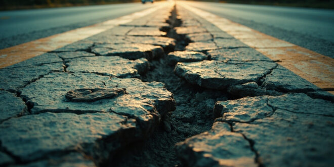 Cracked and pothole-filled asphalt road surface showing severe deterioration and poor maintenance