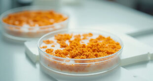 Petri dish containing orange-brown fungal colonies against white laboratory background with medical equipment