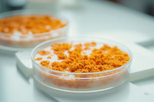 Petri dish containing orange-brown fungal colonies against white laboratory background with medical equipment