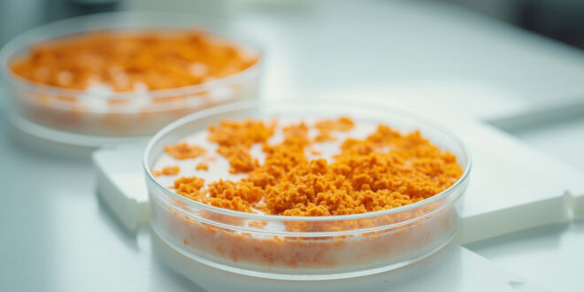 Petri dish containing orange-brown fungal colonies against white laboratory background with medical equipment