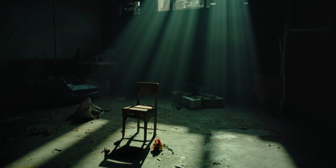 Dark apartment interior with overturned chair and scattered belongings on wooden floor