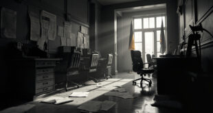 Empty government office with flags, official papers, and military symbols on desk in dramatic black and white lighting
