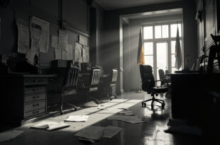 Empty government office with flags, official papers, and military symbols on desk in dramatic black and white lighting