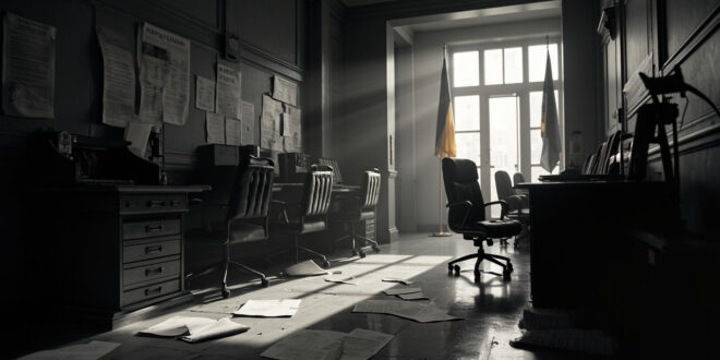 Empty government office with flags, official papers, and military symbols on desk in dramatic black and white lighting