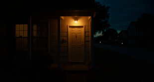 Dimly lit suburban front door with warm porch light casting shadows on empty walkway at night