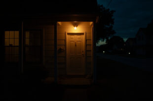 Dimly lit suburban front door with warm porch light casting shadows on empty walkway at night