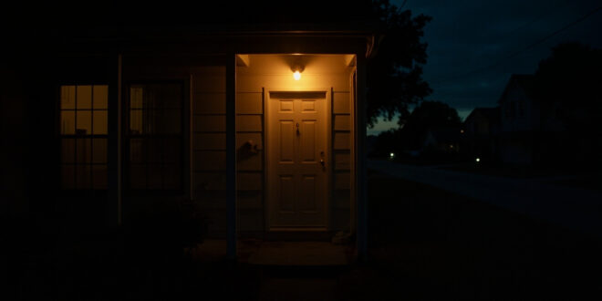 Dimly lit suburban front door with warm porch light casting shadows on empty walkway at night