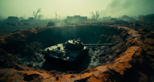 Destroyed military tank in muddy crater surrounded by scattered debris on barren battlefield under overcast sky
