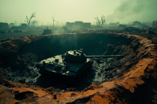 Destroyed military tank in muddy crater surrounded by scattered debris on barren battlefield under overcast sky