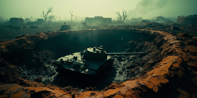 Destroyed military tank in muddy crater surrounded by scattered debris on barren battlefield under overcast sky