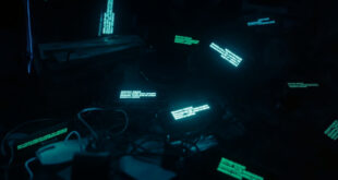 Dark room with glowing smartphone screens showing blocked numbers and message notifications on bed