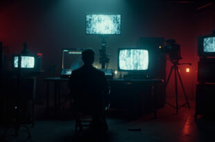 Dark control room with multiple TV screens displaying static and test patterns, empty director chair in foreground