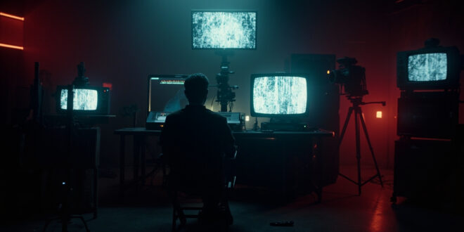 Dark control room with multiple TV screens displaying static and test patterns, empty director chair in foreground