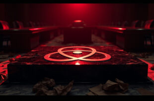 Atomic symbol carved into dark marble surface surrounded by scattered diplomatic papers in dim lighting