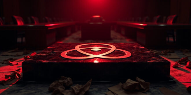 Atomic symbol carved into dark marble surface surrounded by scattered diplomatic papers in dim lighting