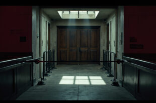 Empty Capitol corridor with metal security barriers and closed wooden doors under dim institutional lighting