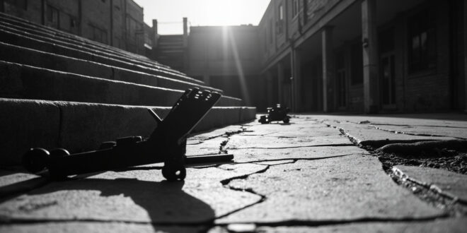 Black tactical gear including helmet and vest abandoned on concrete steps of empty university campus building