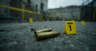 Brass bullet casings scattered on concrete pavement next to yellow evidence markers outside government building