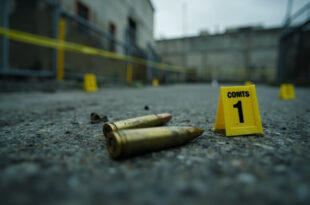 Brass bullet casings scattered on concrete pavement next to yellow evidence markers outside government building