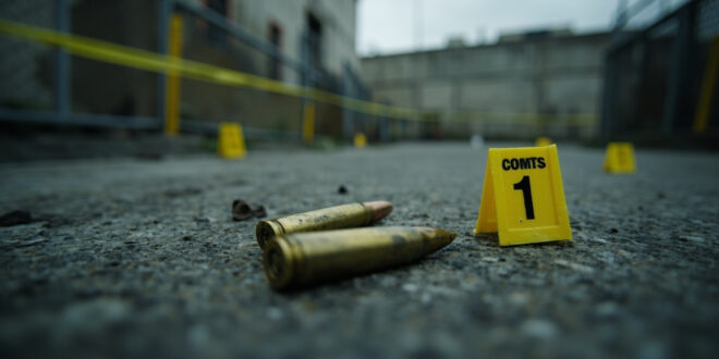 Brass bullet casings scattered on concrete pavement next to yellow evidence markers outside government building