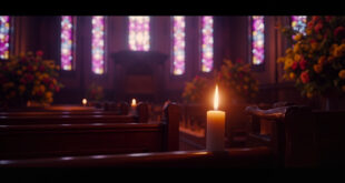 Empty wooden church pews with stained glass windows casting colored light, memorial candles flickering on altar