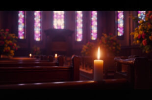 Empty wooden church pews with stained glass windows casting colored light, memorial candles flickering on altar
