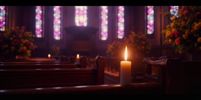 Empty wooden church pews with stained glass windows casting colored light, memorial candles flickering on altar