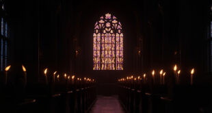 Empty wooden church pews beneath colorful stained glass windows with flickering memorial candles in foreground
