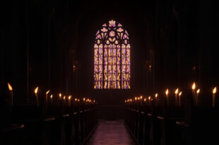 Empty wooden church pews beneath colorful stained glass windows with flickering memorial candles in foreground