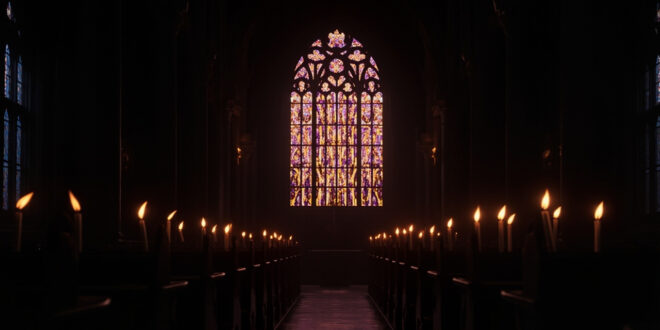 Empty wooden church pews beneath colorful stained glass windows with flickering memorial candles in foreground