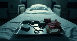 Medical staples, surgical instruments and bandages arranged on hospital tray with monitors in background.