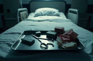 Medical staples, surgical instruments and bandages arranged on hospital tray with monitors in background.