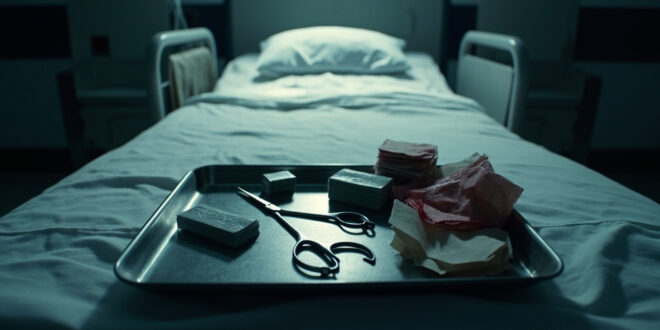 Medical staples, surgical instruments and bandages arranged on hospital tray with monitors in background.