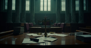 Empty courtroom with wooden judge bench, gavel, legal documents, and scales of justice in dramatic lighting