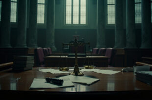Empty courtroom with wooden judge bench, gavel, legal documents, and scales of justice in dramatic lighting