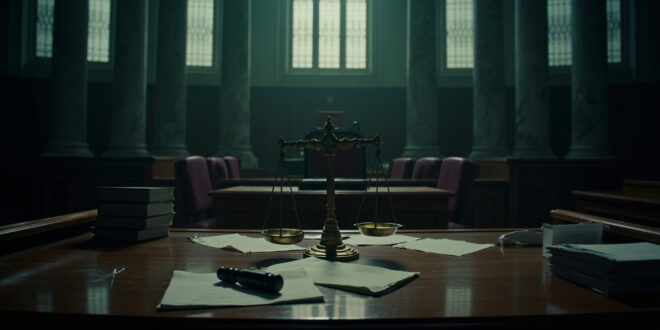 Empty courtroom with wooden judge bench, gavel, legal documents, and scales of justice in dramatic lighting
