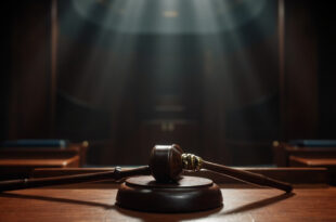 Wooden judge's gavel resting on polished mahogany surface in empty formal courtroom setting