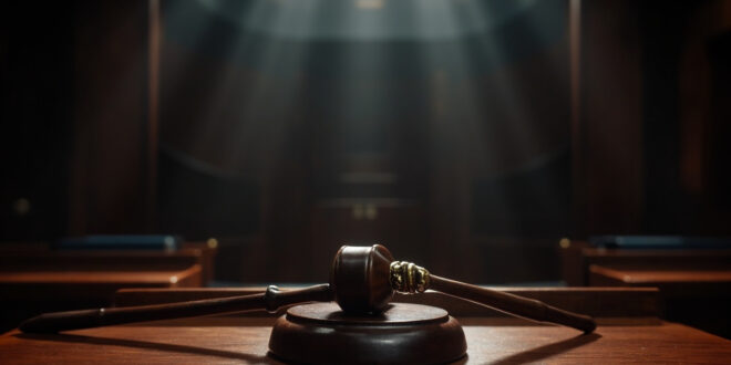 Wooden judge's gavel resting on polished mahogany surface in empty formal courtroom setting