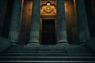 Federal courthouse building with imposing columns and carved justice scales on stone facade
