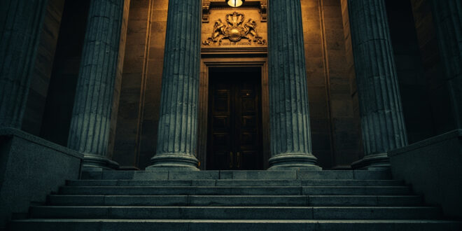 Federal courthouse building with imposing columns and carved justice scales on stone facade